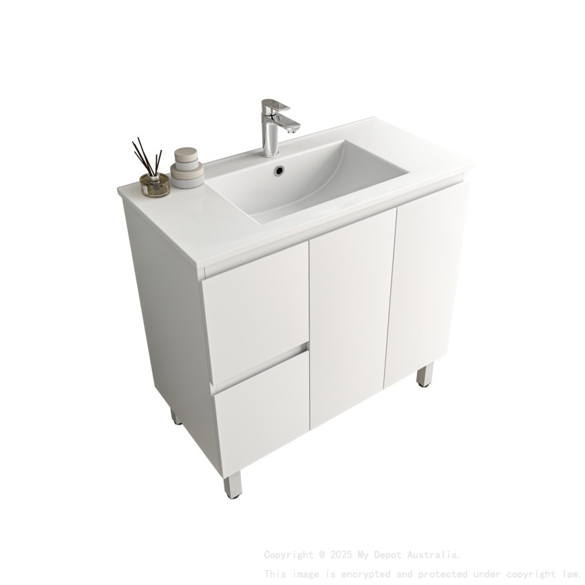 900Lx830Hx450Dmm Gloss White 2PAC PVC Two Left Drawers Two Right Door Freestanding Vanity Cabinet Only