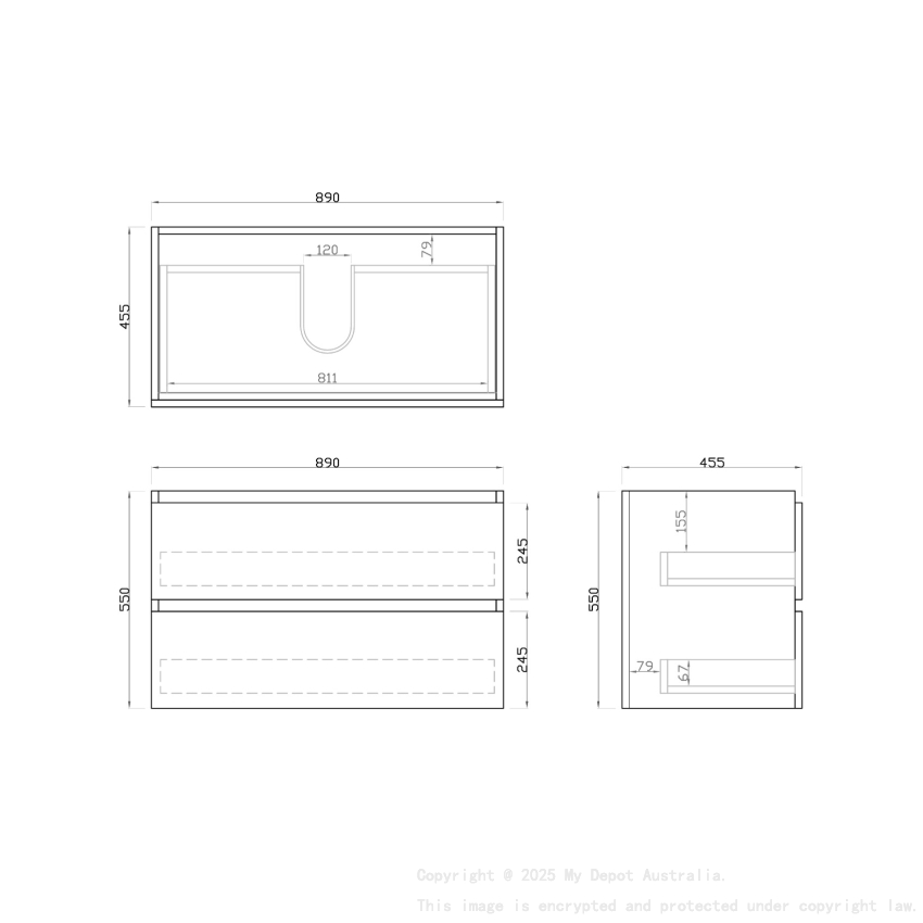 900mm Dark Grey MDF Bathroom Vanity 2 Drawers Wall Hung Cabinet Only 