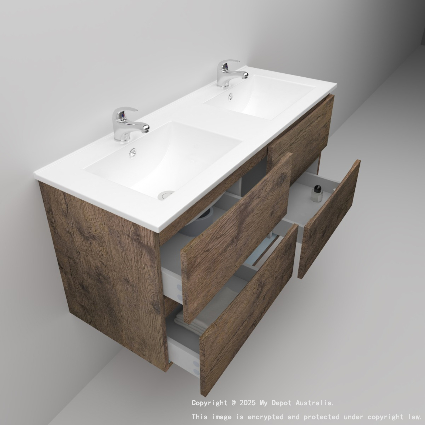 1200mm Dark Oak MDF Bathroom Vanity 4 Drawers Wall Hung Cabinet Only 