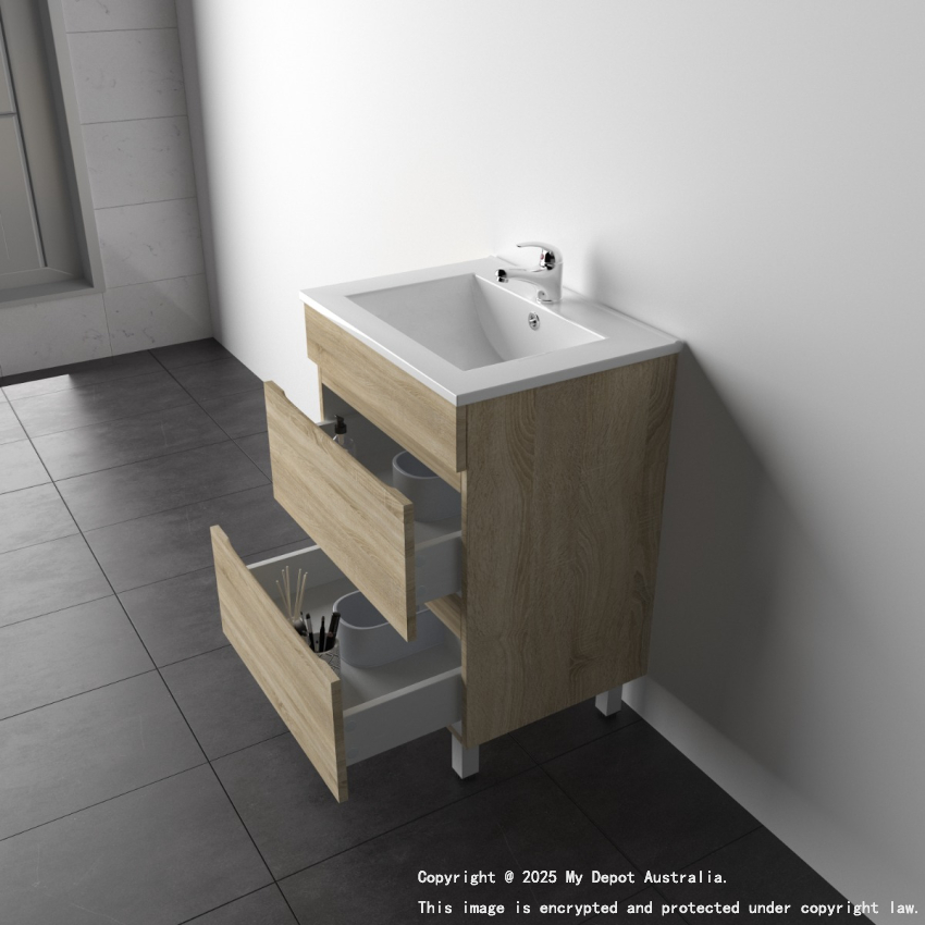 600mm White Oak MDF Bathroom Vanity 2 Drawers Free Standing Cabinet Only