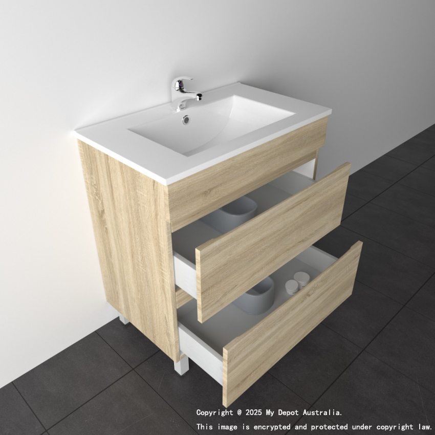 750mm White Oak MDF Bathroom Vanity 2 Drawers Free Standing Cabinet Only