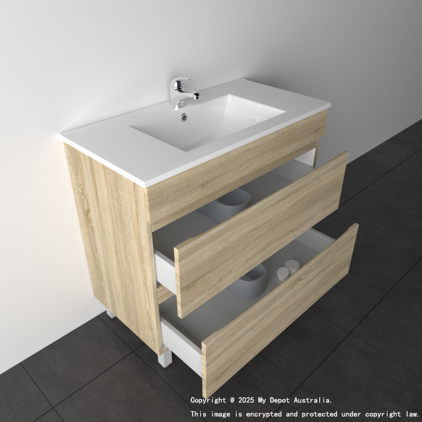 900mm White Oak MDF Bathroom Vanity 2 Drawers Free Standing Cabinet Only