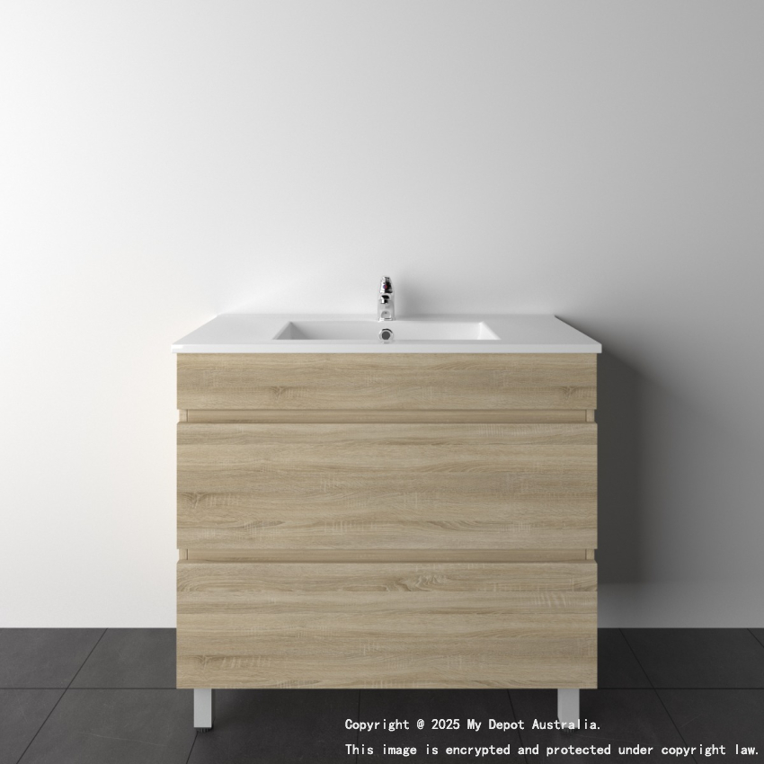 900mm White Oak MDF Bathroom Vanity 2 Drawers Free Standing Cabinet Only