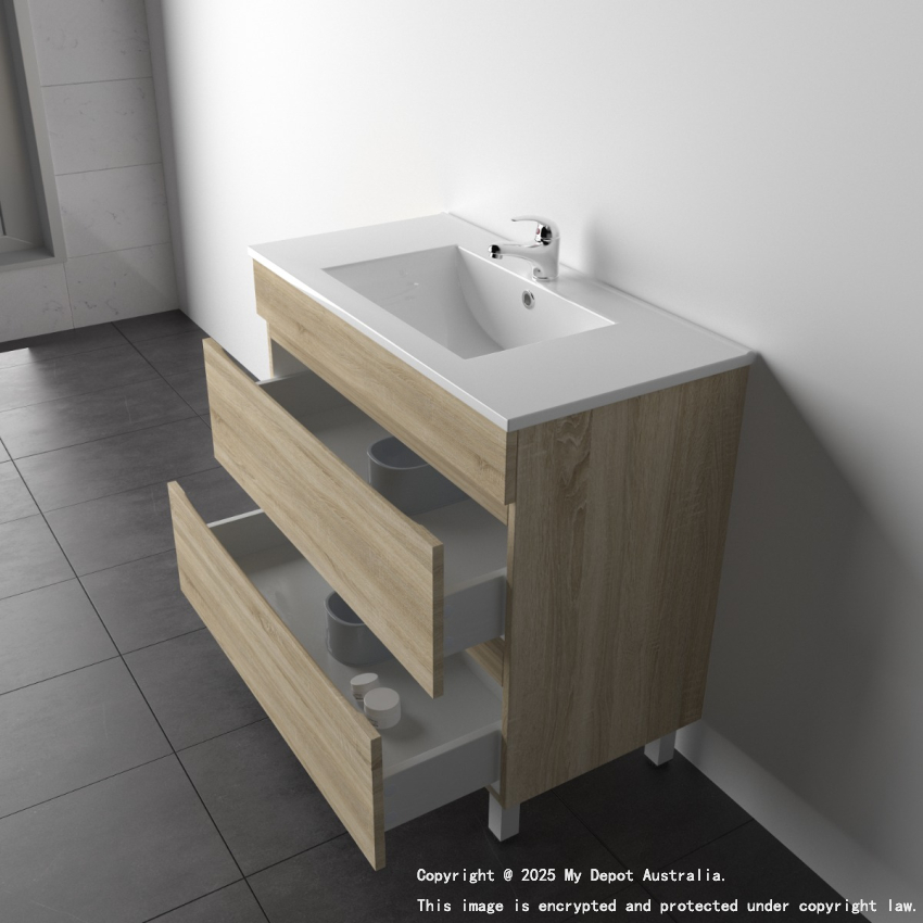 900mm White Oak MDF Bathroom Vanity 2 Drawers Free Standing Cabinet Only