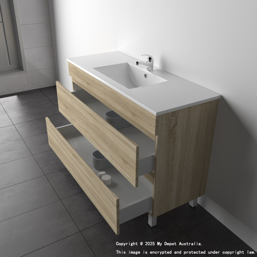 1200mm White Oak MDF Bathroom Vanity 2 Drawers Free Standing Cabinet Only