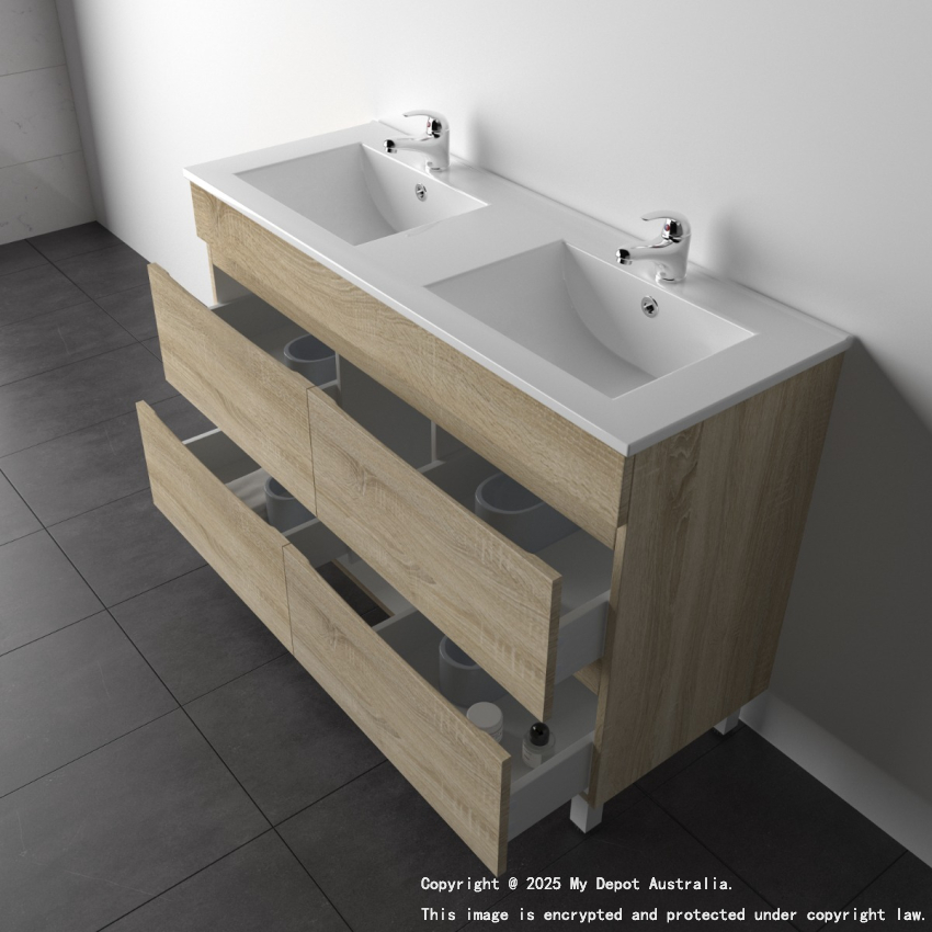 1200mm White Oak MDF Bathroom Vanity 4 Drawers Free Standing Cabinet Only