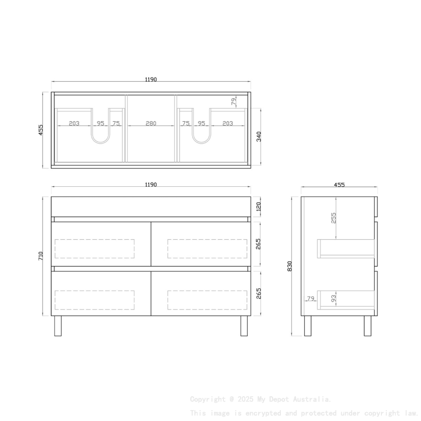1200mm Dark Grey MDF Bathroom Vanity 4 Drawers Free Standing Cabinet Only