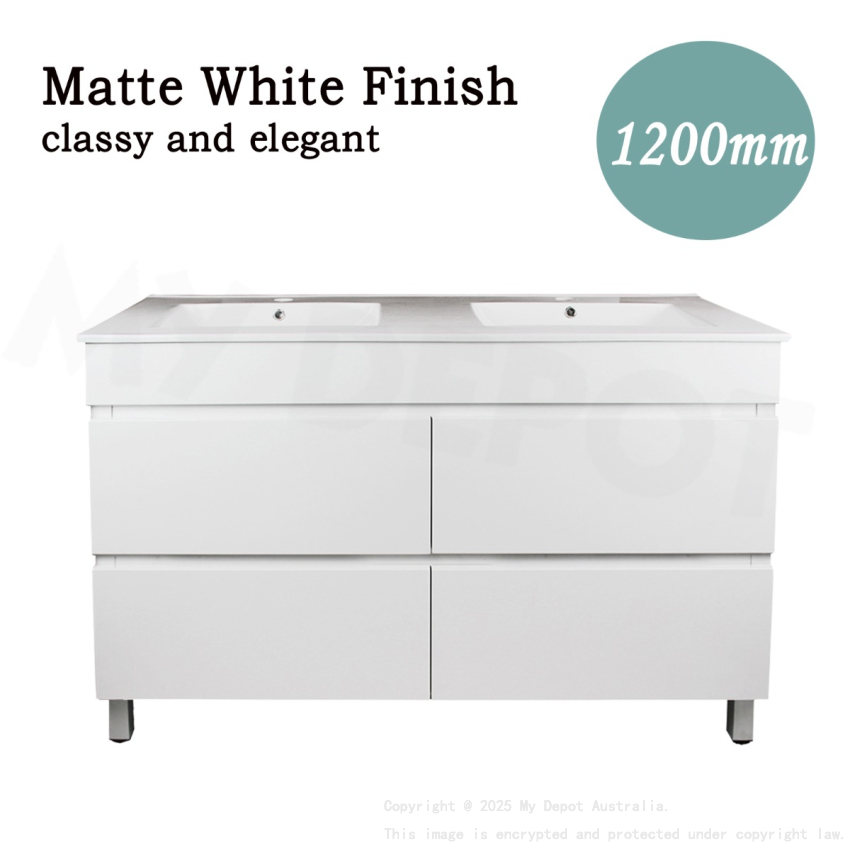 1200mm Matte White MDF Bathroom Vanity 4 Drawers Free Standing Cabinet Only