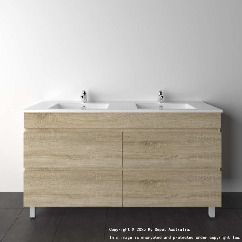 1500mm White Oak MDF Bathroom Vanity 4 Drawers Free Standing Cabinet Only