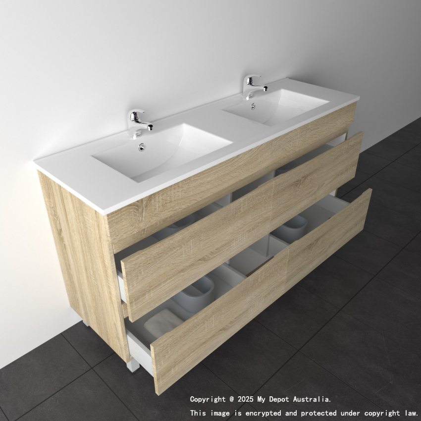 1500mm White Oak MDF Bathroom Vanity 4 Drawers Free Standing Cabinet Only