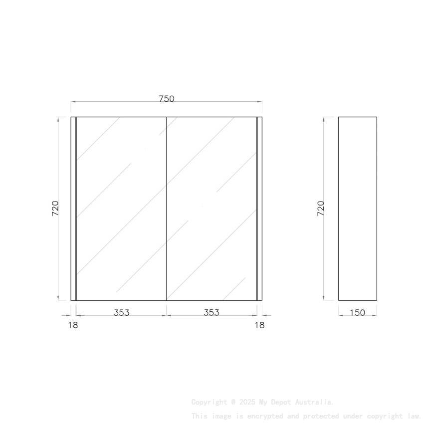 750mm Pencil Mirror Dark Oak MDF 2 Doors Shaving Cabinet