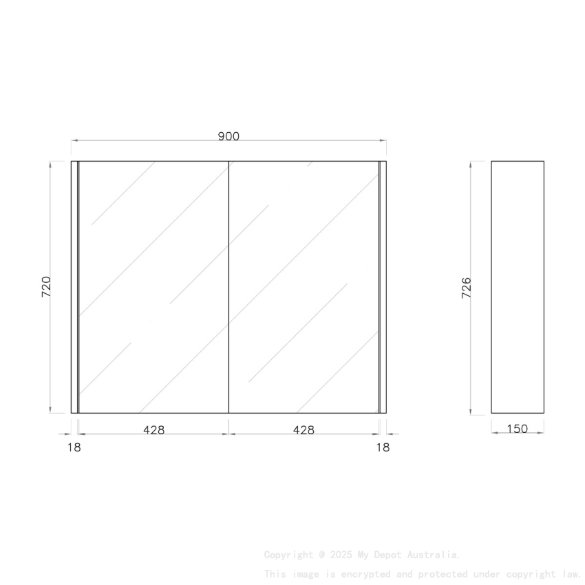 900mm Pencil Mirror Dark Grey MDF 2 Doors Shaving Cabinet
