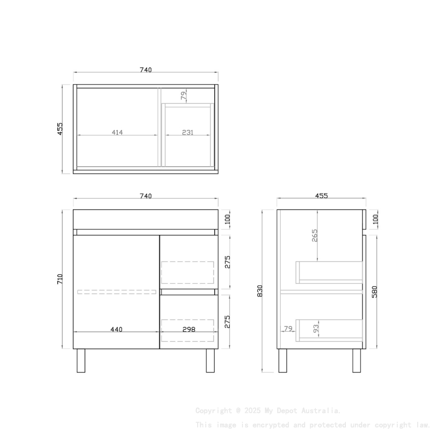 750mm White Oak MDF Bathroom Vanity Right Drawers Free Standing Cabinet Only