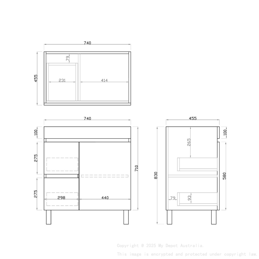 750mm Dark Grey MDF Bathroom Vanity Left Drawers Free Standing Cabinet Only