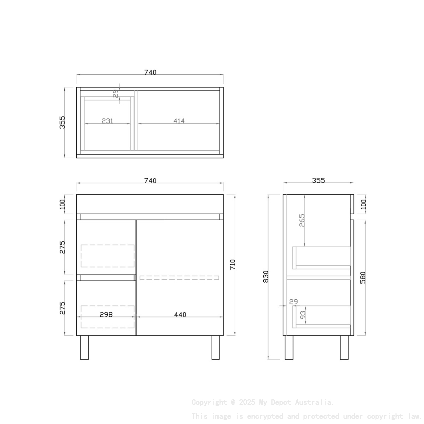 750mm Narrow White Oak MDF Bathroom Vanity Left Drawers Free Standing Cabinet Only