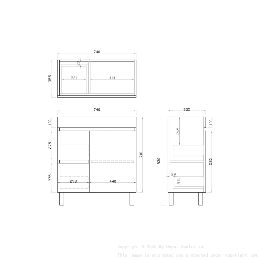 750mm Narrow Dark Oak MDF Bathroom Vanity Left Drawers Free Standing Cabinet Only
