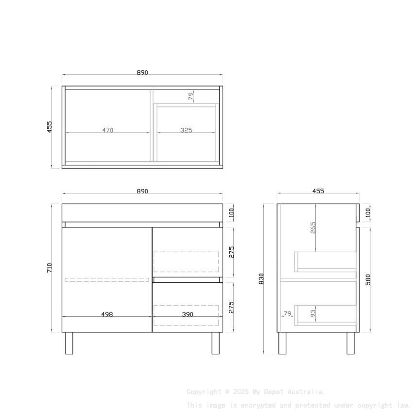 900mm White Oak MDF Bathroom Vanity Right Drawers Free Standing Cabinet Only