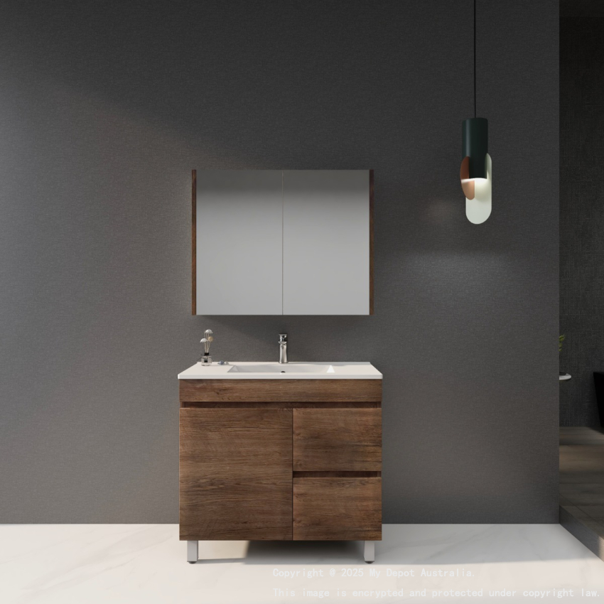 900mm Dark Oak MDF Bathroom Vanity Right Drawers Free Standing Cabinet Only