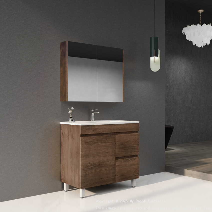 900mm Dark Oak MDF Bathroom Vanity Right Drawers Free Standing Cabinet Only