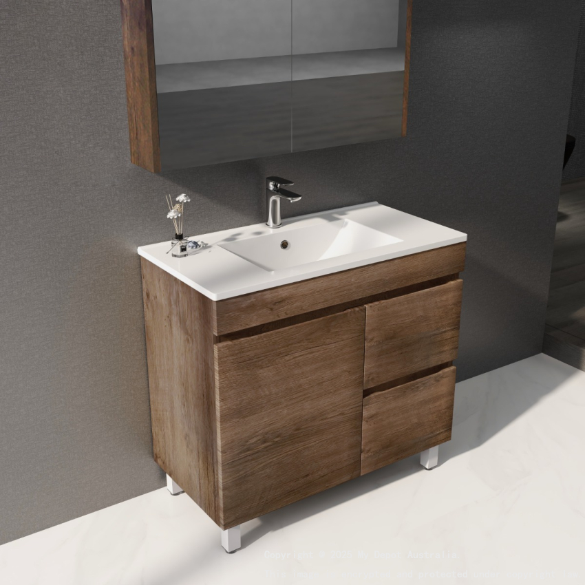 900mm Dark Oak MDF Bathroom Vanity Right Drawers Free Standing Cabinet Only