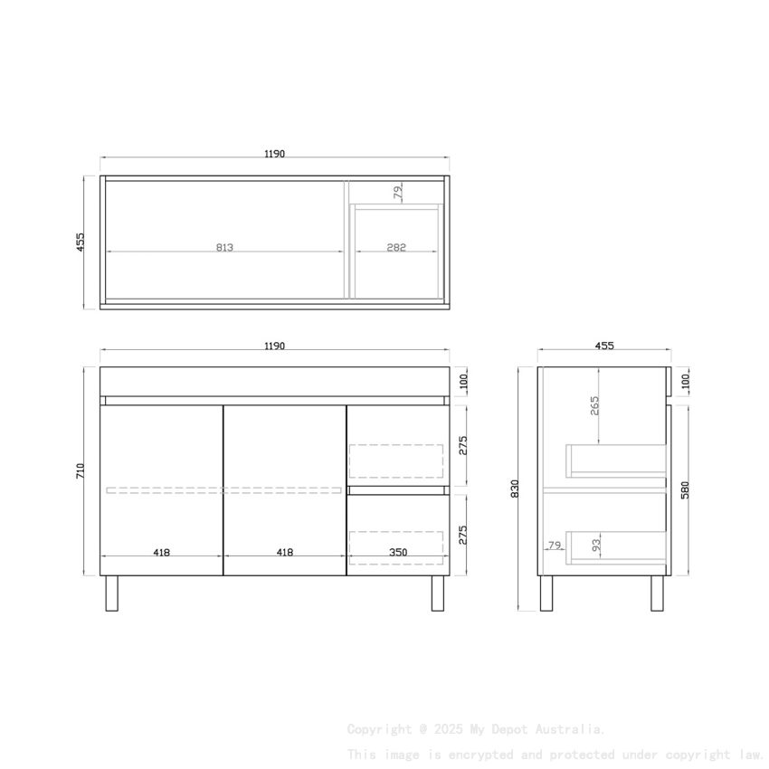 1200mm White Oak MDF Bathroom Vanity Right Drawers Free Standing Cabinet Only