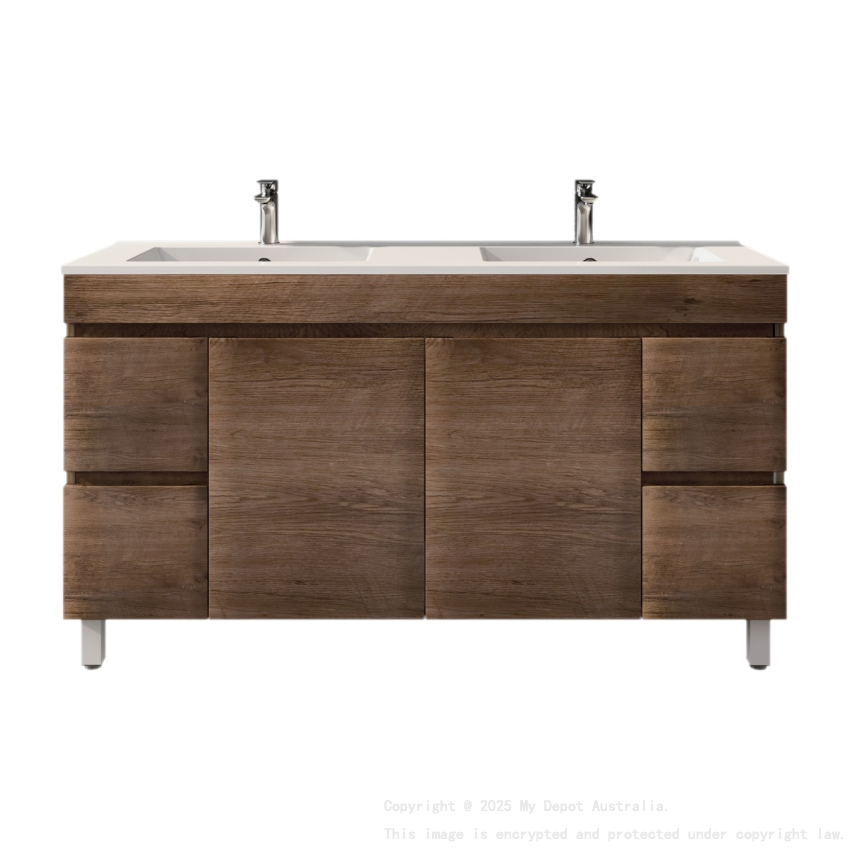 1500mm Dark Oak MDF Bathroom Vanity 4 Side Drawers 2 Middle Doors Free Standing Cabinet Only