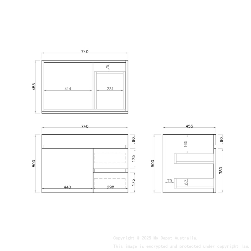 750mm Dark Grey MDF Bathroom Vanity Right Drawers Wall Hung Cabinet Only