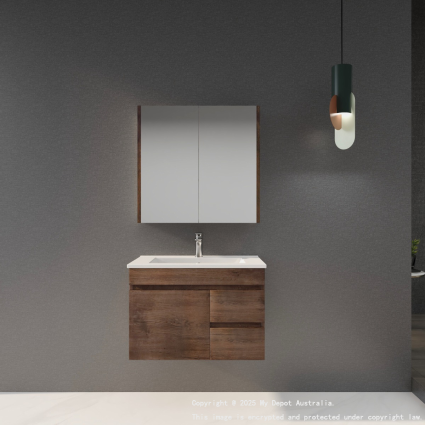 750mm Dark Oak MDF Bathroom Vanity Right Drawers Wall Hung Cabinet Only