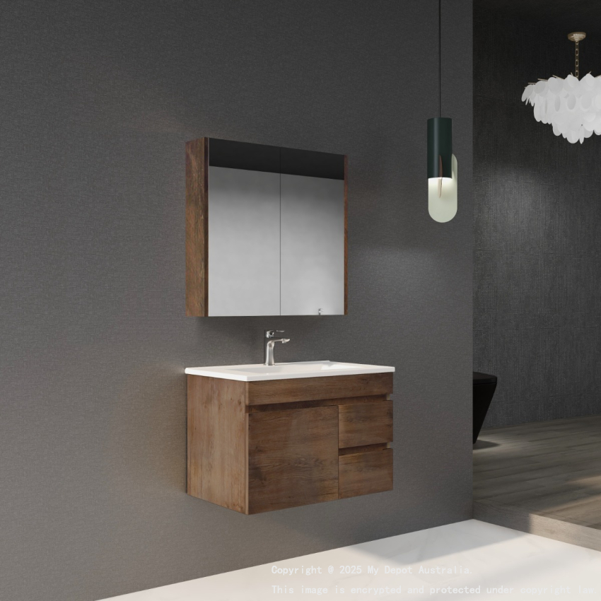 750mm Dark Oak MDF Bathroom Vanity Right Drawers Wall Hung Cabinet Only