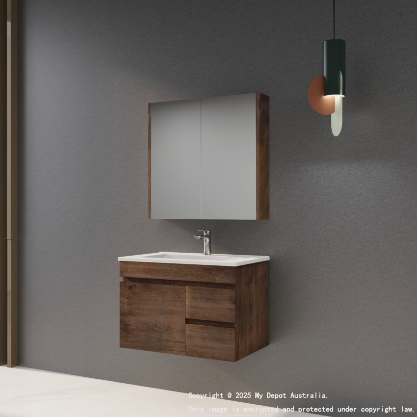 750mm Dark Oak MDF Bathroom Vanity Right Drawers Wall Hung Cabinet Only