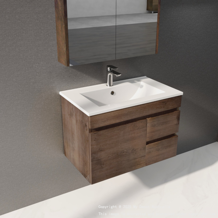750mm Dark Oak MDF Bathroom Vanity Right Drawers Wall Hung Cabinet Only