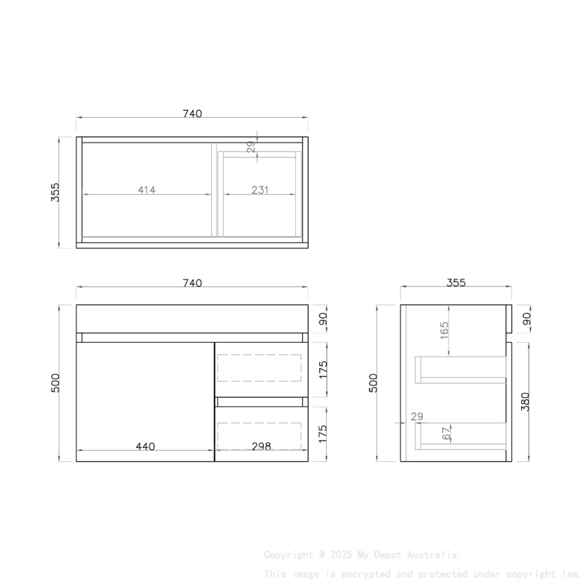 750mm Narrow White Oak MDF Bathroom Vanity Right Drawers Wall Hung Cabinet Only