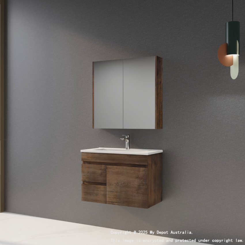 750mm Narrow Dark Oak MDF Bathroom Vanity Left Drawers Wall Hung Cabinet Only