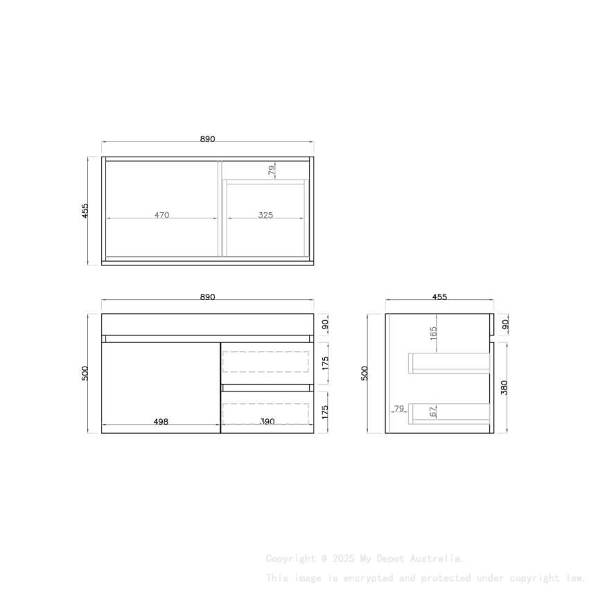 900mm White Oak MDF Bathroom Vanity Right Drawers Wall Hung Cabinet Only
