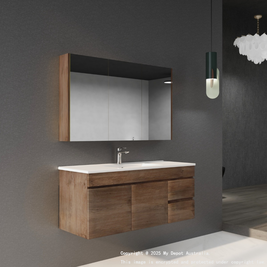 1200mm Dark Oak MDF Bathroom Vanity Right Drawers Wall Hung Cabinet Only
