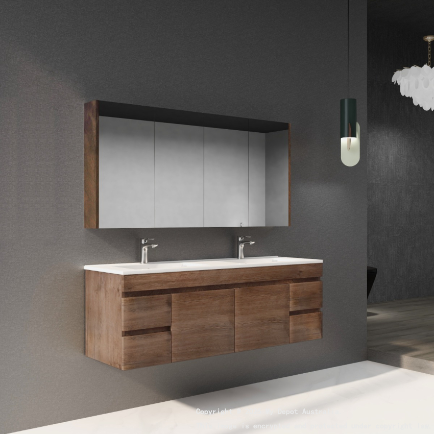 1500mm Dark Oak MDF Bathroom Vanity 4 Side Drawers 2 Middle Doors Wall Hung Cabinet Only