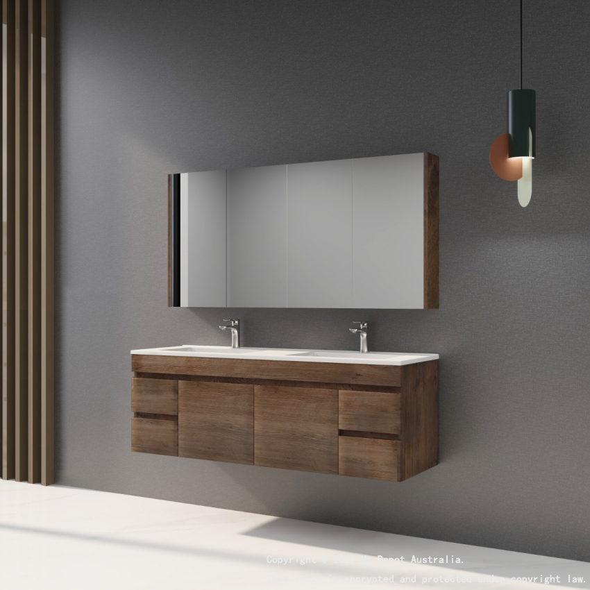 1500mm Dark Oak MDF Bathroom Vanity 4 Side Drawers 2 Middle Doors Wall Hung Cabinet Only