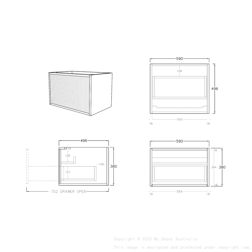 600mm Kiama Prime Oak 1 Drawer Fluted Wall Hung Vanity Cabinet Only