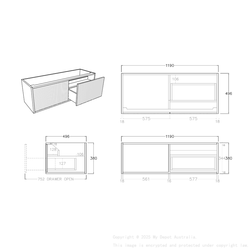 1200mm Kiama Prime Oak 1 Right Hand Drawer 1 Left Hand Door Fluted Wall Hung Vanity Cabinet Only