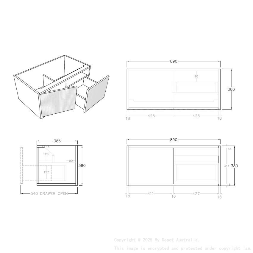 900mm Kiama Prime Oak 1 Right Hand Drawer 1 Left Hand Door Narrow Fluted Wall Hung Vanity Cabinet Only