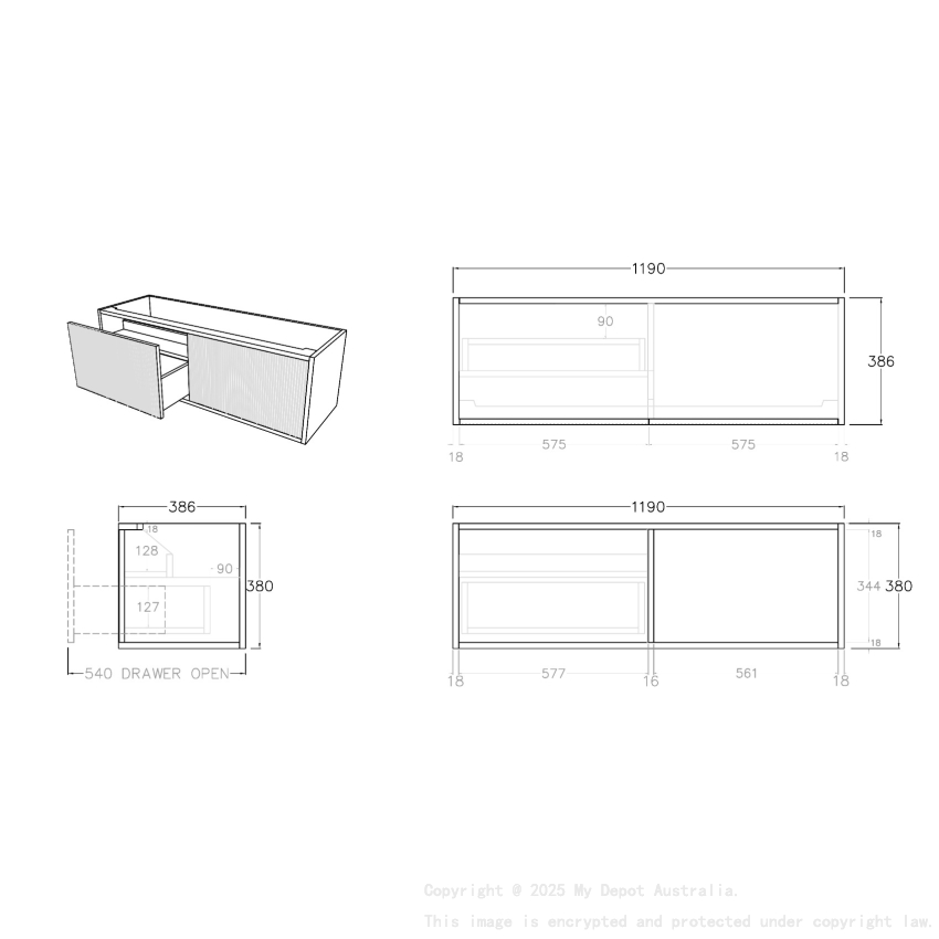 1200mm Kiama Prime Oak 1 Left Hand Drawer 1 Right Hand Door Narrow Fluted Wall Hung Vanity Cabinet Only