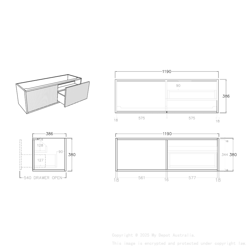 1200mm Kiama Prime Oak 1 Right Hand Drawer 1 Left Hand Door Narrow Fluted Wall Hung Vanity Cabinet Only