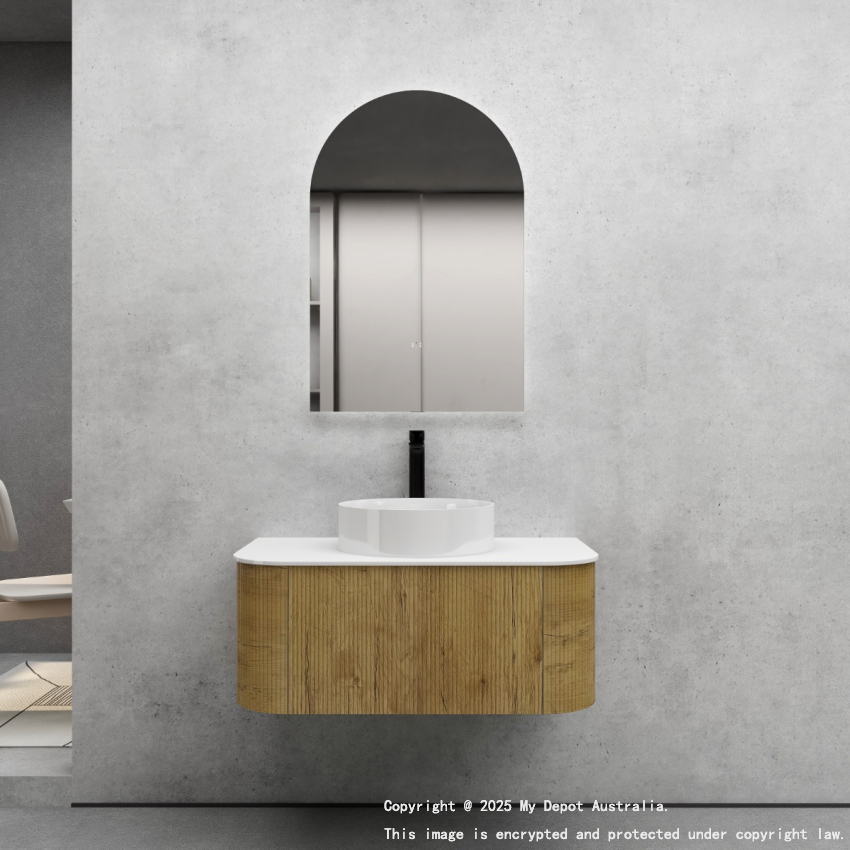 900mm Kiama Prime Oak 1 Drawer Curved Fluted Wall Hung Vanity Cabinet Only