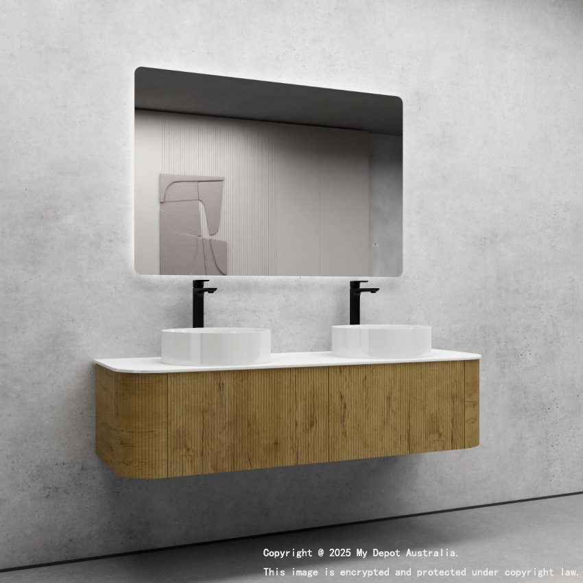 1500mm Kiama Prime Oak 2 Drawers Curved Fluted Wall Hung Vanity Cabinet Only