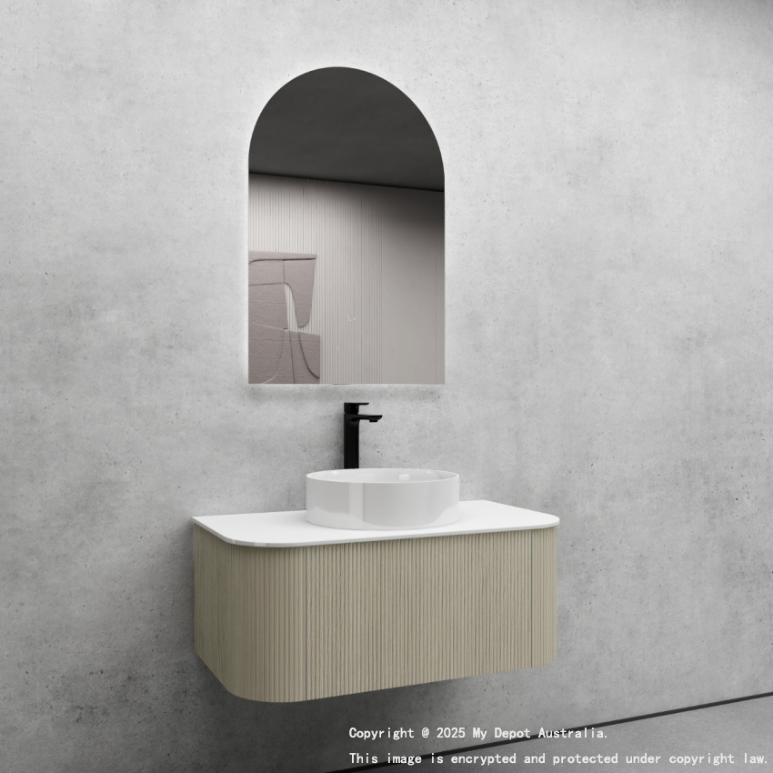 900mm Kiama Coastal Oak 1 Drawer Curved Fluted Wall Hung Vanity Cabinet Only