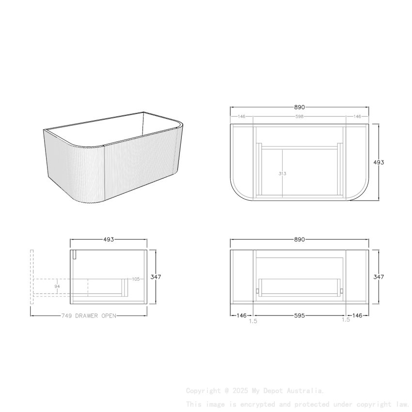 900mm Kiama Coastal Oak 1 Drawer Curved Fluted Wall Hung Vanity Cabinet Only
