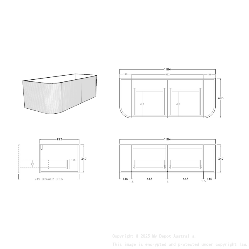 1200mm Kiama Coastal Oak 2 Drawers Curved Fluted Wall Hung Vanity Cabinet Only