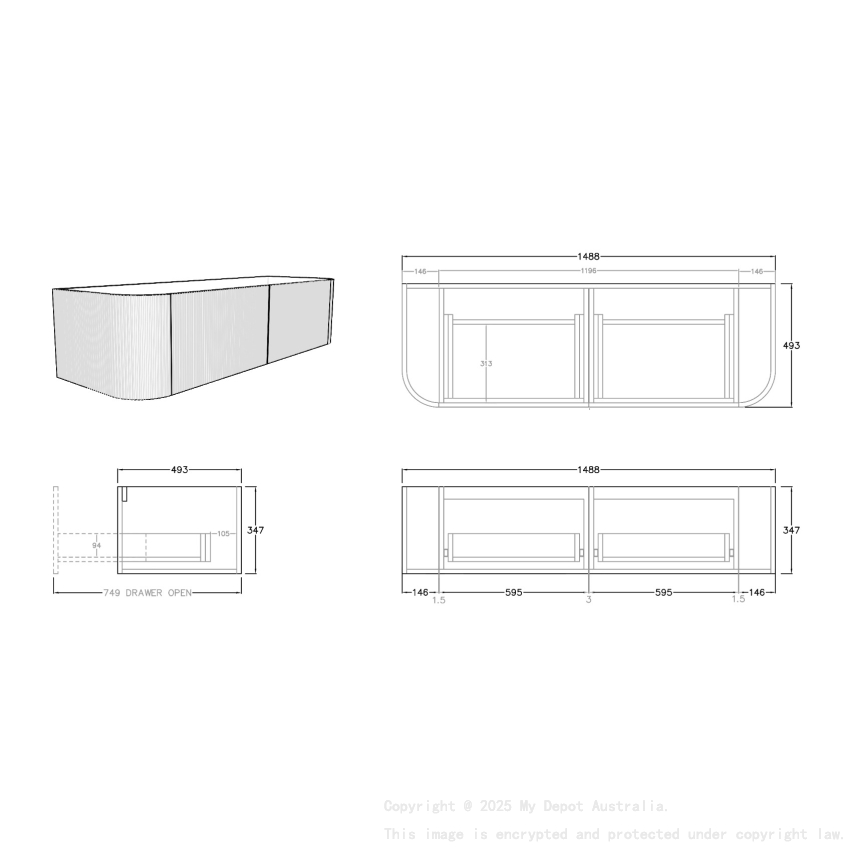 1500mm Bottega Oak 2 Drawers Curved Fluted Wall Hung Vanity Cabinet Only