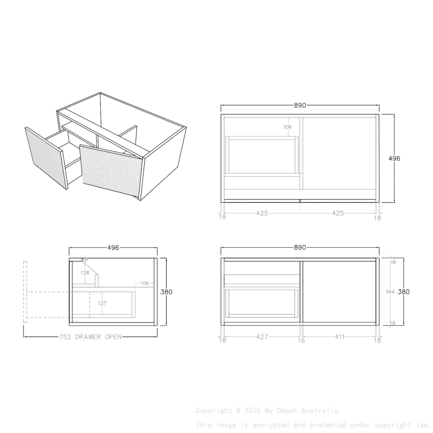 890mm Kiama Bottega Oak 1 Left Drawer 1 Right Door Fluted Wall Hung Vanity Cabinet Only