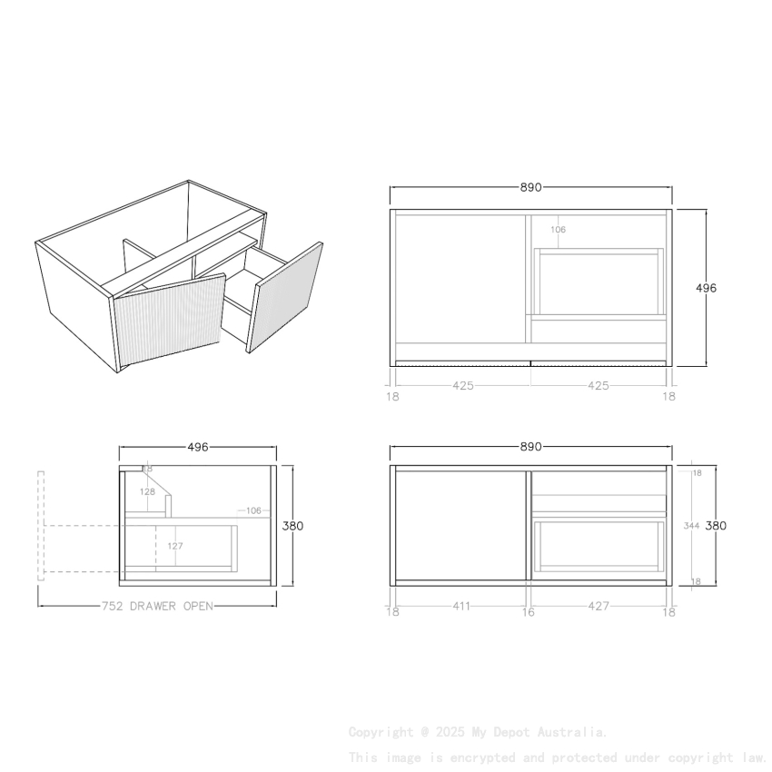 890mm Kiama Bottega Oak 1 Right Drawer 1 Left Door Fluted Wall Hung Vanity Cabinet Only